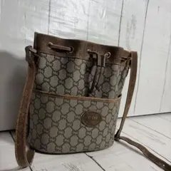 美品】GUCCI 巾着 ポーチ ロゴ金具 バッグ ナイロン キャンバス レザー