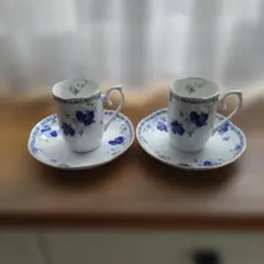 レトロ青い花柄 ティーカップ・ソーサー 2個セット