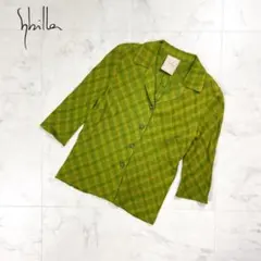 美品 Sybilla チェック柄開襟シャツ 五分袖 緑 サイズ40*HD335