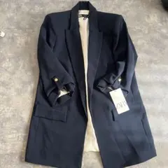 【新品】 ZARA　ロールアップスリーブブレザー　ネイビーブルー　S(7-9号)