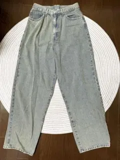 グレー ワイドレッグダメージジーンズ ハイウエスト