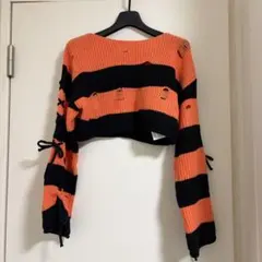 SHEIN ROMWE ボーダー ダメージニット オレンジ 黒 Sのサムネイル