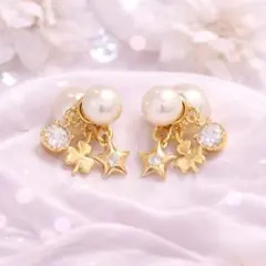 上品 パール×ゴールドピアス 韓国風 高見え 大人可愛い 星 クローバー