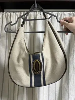 キャンバス製ベージュネイビーショルダーバッグ