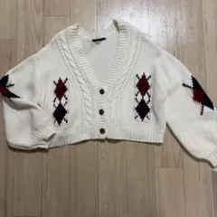 heather アイボリー アーガイル柄 ニットカーディガン