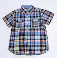 美品 ミキハウス チェック 麻混 半袖シャツ 120 はおりもの