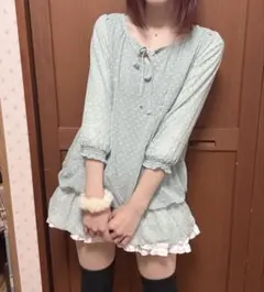 niceed 水色 ドット柄 7分袖フリルチュニック 平成 ミニワンピ