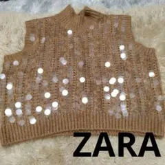 ZARA ザラスパンコール付きニットベスト Lサイズ 茶色 パンツやスカートに