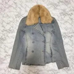 00's Y2K ファー付 デニムジャケット ダブルボタン 色落ち グランジ