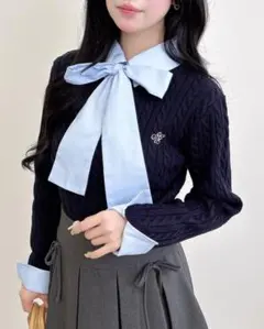 ボウタイシャツドッキングケーブルニット ブルー コン INGNI