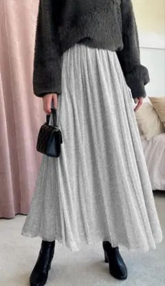 ラメチュールスカート　グレー フレアロングスカート シフォン サテン
