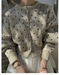 ハート ドット ジャカード リバーシブル クロップド ニット カーディガン