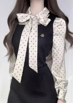 grl リボン付きドット柄シャツ×スクエアネックノースリーブミニワンピース