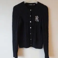 LAUREN RALPH LAUREN ケーブルニットカーディガン 黒 M ロゴ