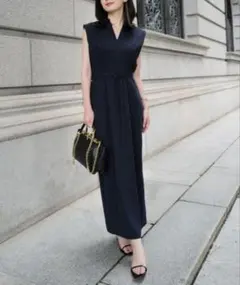 【美品】anuans トリアセテートスキッパーネックワンピース ネイビー S