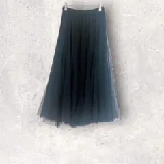 チュール　フレアスカート　ロング丈　ウエストゴム　ブラック　フェミニン　S