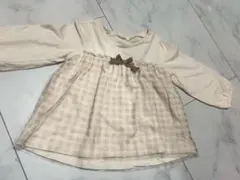 ベージュ チェック柄 長袖トップス　80cm