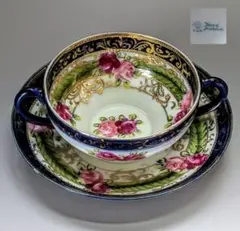 オールドノリタケ メープルリーフ印コバルト金盛上 薔薇文様 カップ＆ソーサー