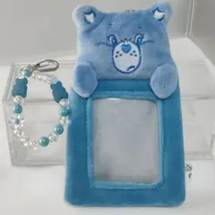 おまけ付 ケアベア ダイソー ふわふわカードケースキーホルダー 青 ビーズ