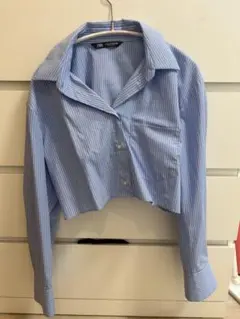 ZARA クロップドシャツ M 青と白ストライプ