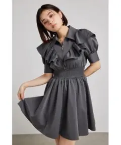 riendaフロントジップハーフスリーブシャツミニワンピース