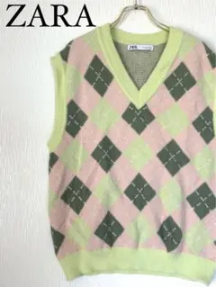 ZARAザラ アーガイル ニット ベスト 柔らか ノースリーブ カジュアル