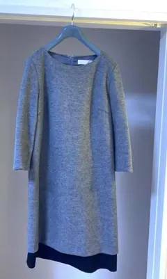 【美品】自由区 異素材 レイヤード ワンピース バイカラー グレー size38