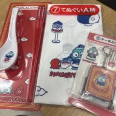 ハンギョドン当たりくじ　はし＆レンゲ・てぬぐいA柄・キーホルダー・顔型ポーチ5点