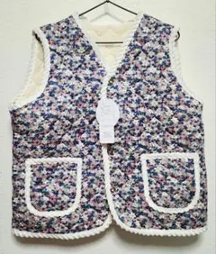 ハルモニチョッキ　キルティングベスト　裏起毛ベスト　花柄　青