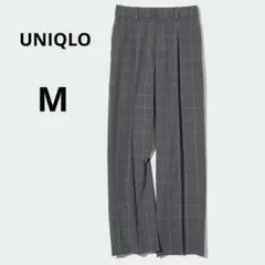 UNIQLO M グレー タック ワイドパンツ　チェック柄 ブロックチェック