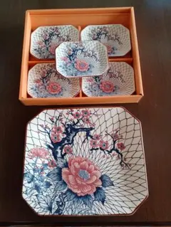 花柄八角形食器セット 取り皿 5枚+大皿1枚