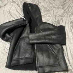ZARA フード付きブラックレザージャケット