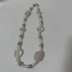 美品ローズクォーツ パール ビーズネックレス 約42センチ