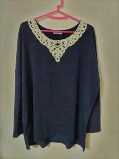 ネイビー レース装飾 長袖トップス Mサイズ