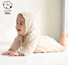 【美品】ロンパース60 長袖　PUPPAPUPO ワッフルボンネット付き