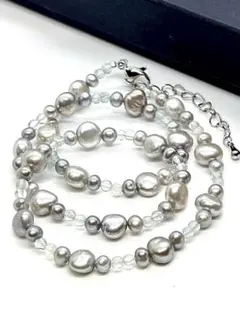 【高品質テリ最強】本真珠シルバーグレーパール＆アクアマリンネックレス　天然石