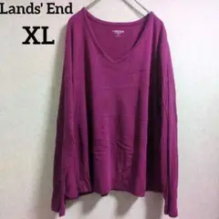 Lands' End【XL】シェイプフィット Vネック長袖Tシャツ パープル 紫