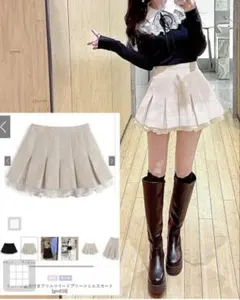 インパン裏地付きフリルツイードプリーツミニスカート