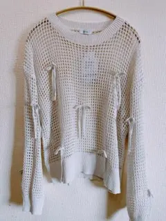 しまむら　レディース　トップス　リボンラメメッシュプルオーバー　長袖　新品