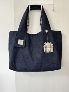 くま君デニムトートバッグ[ハンドメイド]ベージュタータンチェック、ベージュくま君