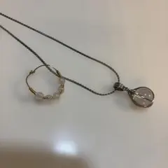 セット水晶ネックレス シルバー　ピンク　パワーストーン指輪　リング