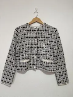【新品タグ付】UNIQLO ニットショートジャケット L ツイード風 ノーカラー