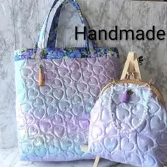 ハンドメイド 　オーロラカラー　ハートキルティングトートバッグ　がま口ポーチ付き