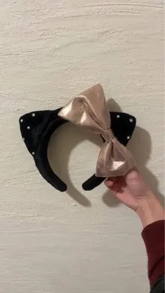 キティ カチューシャ 黒 ベロア ピンクリボン ユニバ