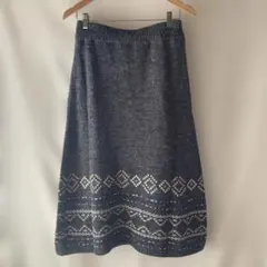 ニット柄 ロングスカート 濃グレー ウエストゴム M
