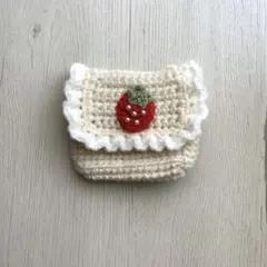 ハンドメイド 編み物 いちご 小物入れ ポーチ ビーズ アイボリー ⑤