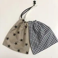 ハンドメイド　給食袋　コップ袋　ネイビーギンガムチェック　ベージュ×黒星