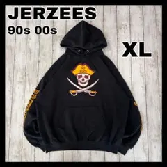 JERZEES 90s00s スウェットパーカー　ドクロ海賊プリント　黒　XL