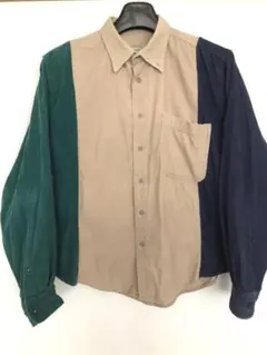 美品コーデュロイ グリーンネイビーベージュパネルデザインシャツメンズMトップス