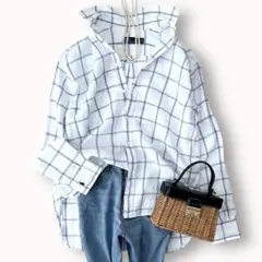 極美品♪ポロラルフローレン L相当 麻 長袖シャツ チェック 刺繍ポニー 青白